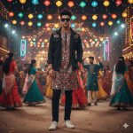 A stylish young man in a short designer kurta with intricate mirror embroidery, slim-fit pants, a casual jacket, and black goggles, standing confidently at a vibrant Navratri event with colorful Garba dancing in the background.