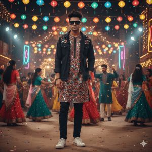 A stylish young man in a short designer kurta with intricate mirror embroidery, slim-fit pants, a casual jacket, and black goggles, standing confidently at a vibrant Navratri event with colorful Garba dancing in the background.