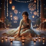 "Young Indian girl in pastel lehenga with golden embroidery arranging glowing diyas on a veranda during Diwali night, with soft warm light, floating lights, and dreamy bokeh in the background."
