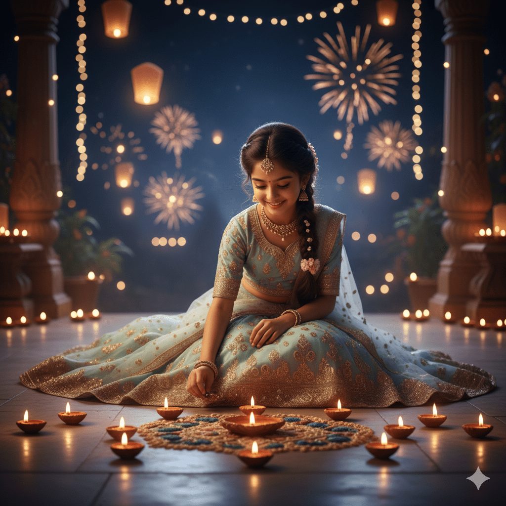 "Young Indian girl in pastel lehenga with golden embroidery arranging glowing diyas on a veranda during Diwali night, with soft warm light, floating lights, and dreamy bokeh in the background."