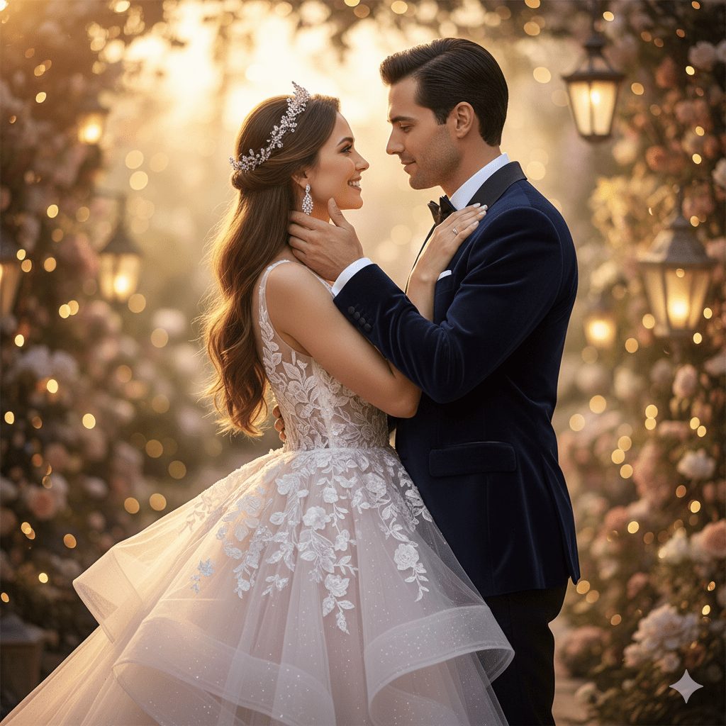 "Romantic cinematic wedding portrait of a loving couple embracing. Bride in elegant white or pastel gown with lace details and sparkling jewelry. Groom in tailored tuxedo or sherwani. Soft golden lighting with dreamy bokeh background in pastel and blush tones."