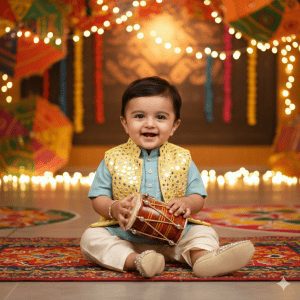 Adorable Indian baby boy in Indo-western Navratri outfit wearing pastel kurta, dhoti pants, mirror work jacket, mojdi shoes, holding a decorative drum with festive background of rangoli, lights, and garba décor.
