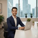 A confident young businessman in a tailored navy blue suit and white shirt sits in a modern office, smiling naturally. A laptop rests on his desk, with large glass windows revealing a city skyline in the background. Indoor plants add a fresh touch to the professional, well-lit corporate portrait.