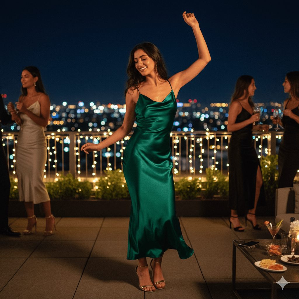 "Girl dancing at a rooftop night party, wearing a modern satin dress, city skyline and fairy lights glowing in the background."
