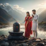 A young Indian couple stands barefoot on a Himalayan riverbank, hands folded in prayer, eyes closed in devotion before a large wet Shivling with natural stone texture and water droplets. The man wears a white kurta-pajama, the woman wears a red saree with gold embroidery. Morning mist rises from the cold river, and soft sunlight illuminates their faces and the Shivling. Fully photorealistic with high-detail textures in clothing, skin, water, and surrounding stones.