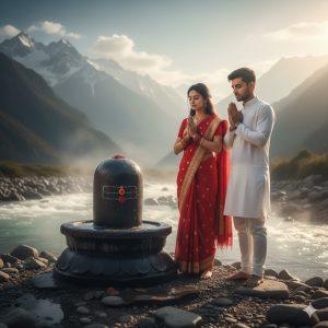 A young Indian couple stands barefoot on a Himalayan riverbank, hands folded in prayer, eyes closed in devotion before a large wet Shivling with natural stone texture and water droplets. The man wears a white kurta-pajama, the woman wears a red saree with gold embroidery. Morning mist rises from the cold river, and soft sunlight illuminates their faces and the Shivling. Fully photorealistic with high-detail textures in clothing, skin, water, and surrounding stones.