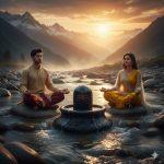 A young Indian couple sits cross-legged on smooth river stones, meditating with eyes closed in front of a large wet Shivling in a Himalayan river during sunset. The man wears a beige kurta and maroon dhoti, the woman wears a yellow saree with a light shawl. Crystal-clear water flows around glistening stones, with warm golden sunlight reflecting on the river and mist rising gently. Fully photorealistic, high-detail textures in water, stone, clothing, and expressions.