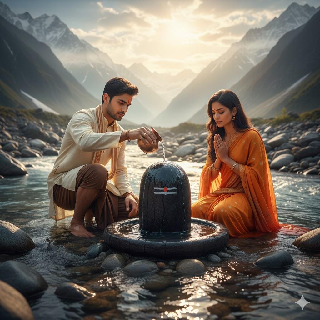 A young Indian couple kneeling barefoot in devotion, pouring water from a copper pot onto a large wet Shivling in a serene Himalayan river. The man wears a cream kurta and brown dhoti, the woman wears an orange saree with a light shawl. Sunlight filters through misty mountains, reflecting on crystal-clear water and smooth river stones. Fully photorealistic, true-to-life colors.
