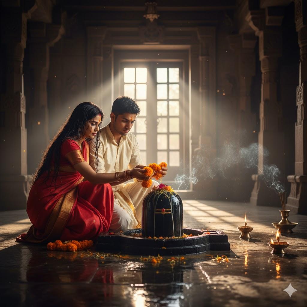 A young Indian couple kneels together at a temple, offering fresh marigold flowers to a black stone Shivling. The man wears a cream kurta, the woman wears a red saree with wet hair from a ritual bath. Early morning light streams through the temple doorway, reflecting on the floor with holy water flowing from the Shivling. Hyper-realistic, high-detail textures in clothing, flowers, stone, and water.
