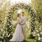 “Bride and groom standing under a floral arch, facing the camera in a romantic embrace. Bride in pastel gown, groom in light-colored suit, soft natural light, elegant wedding photography.”