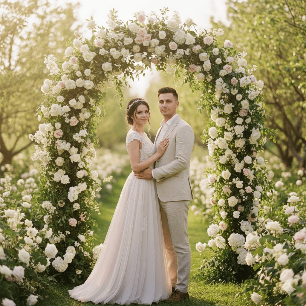 “Bride and groom standing under a floral arch, facing the camera in a romantic embrace. Bride in pastel gown, groom in light-colored suit, soft natural light, elegant wedding photography.”