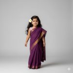 "Charming baby girl walking slowly in a plain dark purple saree, with long flowing hair, portrait-style against a minimalistic plain background, soft warm lighting highlighting innocence and cuteness."
