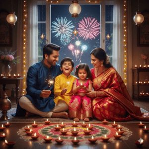 "Happy Indian family celebrating Diwali at home, dressed in colorful traditional outfits with golden accents, surrounded by glowing diyas, fairy lights, rangoli, and lanterns, enjoying a festive and joyful atmosphere."