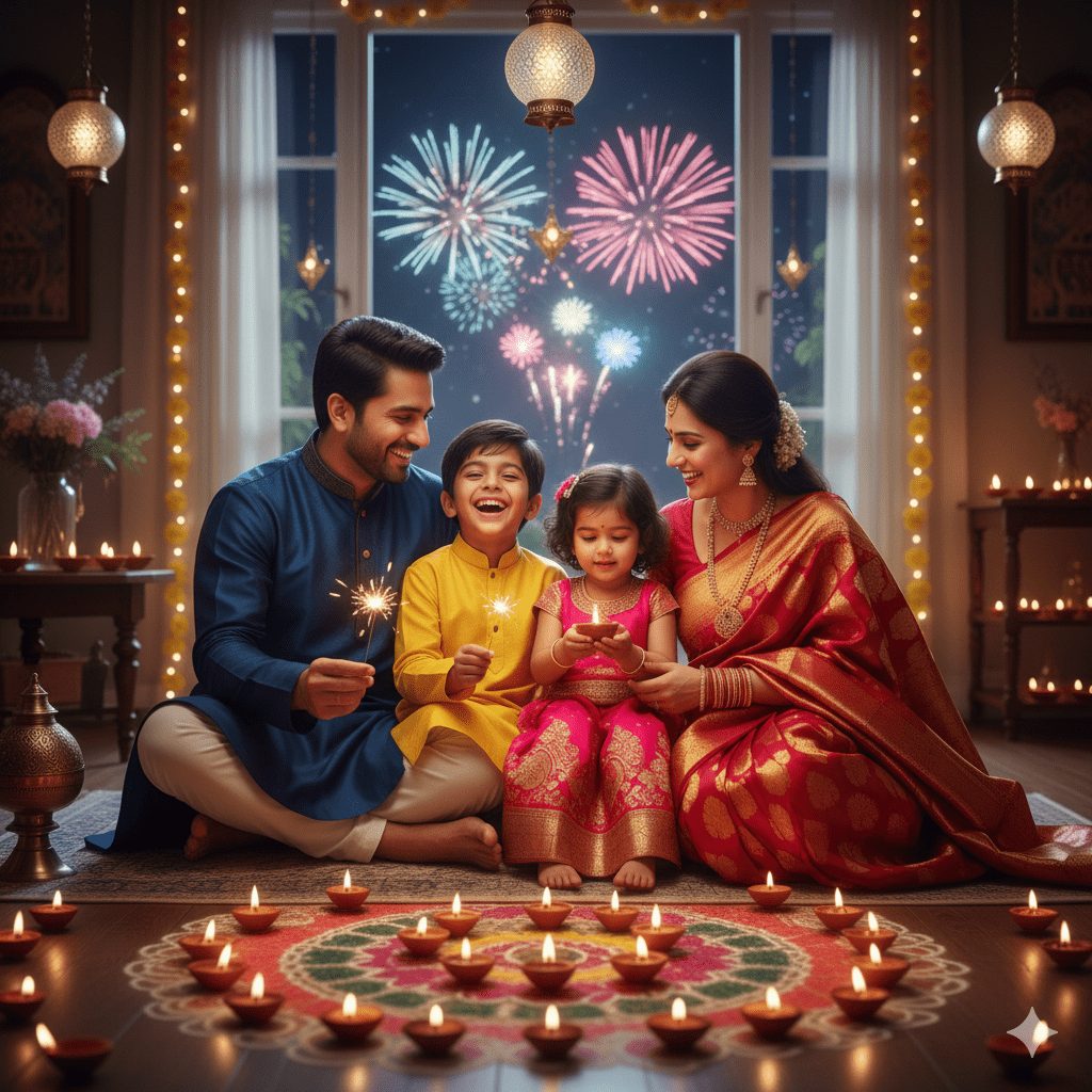 "Happy Indian family celebrating Diwali at home, dressed in colorful traditional outfits with golden accents, surrounded by glowing diyas, fairy lights, rangoli, and lanterns, enjoying a festive and joyful atmosphere."