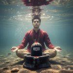 Ultra-realistic 8K photo of a young Indian man meditating underwater in a calm river in front of a large front-facing Shivling. He wears a maroon kurta and beige dhoti with a rudraksha mala, sitting cross-legged on the riverbed, eyes closed, with a calm and peaceful expression. Sunlight penetrates naturally, creating realistic rays, reflections, soft shadows, and subtle highlights. Gentle water flow with ripples and tiny bubbles enhances the mystical and devotional atmosphere.