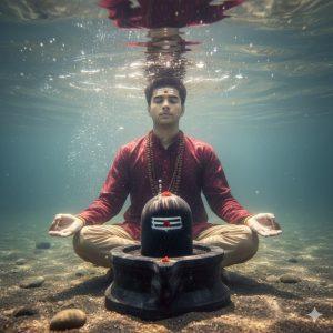 Ultra-realistic 8K photo of a young Indian man meditating underwater in a calm river in front of a large front-facing Shivling. He wears a maroon kurta and beige dhoti with a rudraksha mala, sitting cross-legged on the riverbed, eyes closed, with a calm and peaceful expression. Sunlight penetrates naturally, creating realistic rays, reflections, soft shadows, and subtle highlights. Gentle water flow with ripples and tiny bubbles enhances the mystical and devotional atmosphere.