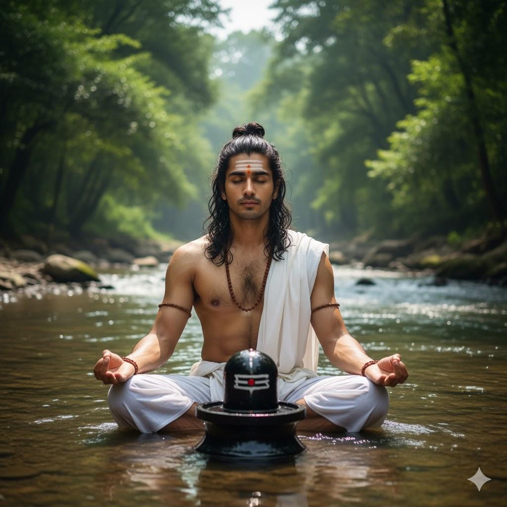 "Ultra-realistic 4K photograph of a young Indian man meditating in devotion in a river, sitting cross-legged in front of a large partially submerged Shivling, wearing a white dhoti and rudraksha mala, with calm expression, natural sunlight reflecting on flowing water, lifelike and serene spiritual scene."