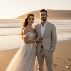 A real-looking couple in a pre-wedding photoshoot, the woman in an elegant flowing gown or saree and the man in a fitted suit, standing close and holding hands, with soft natural sunlight creating warm, realistic shadows. Full-body view, minimalistic or scenic outdoor background like a garden, terrace, or sunset beach. Romantic, classy, and authentic pose.
