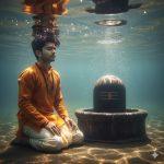 "Ultra-realistic 8K photograph of a young Indian man kneeling underwater in a serene river before a large front-facing Shivling. He wears a saffron kurta and cream dhoti with a rudraksha mala, short black hair, fair to medium skin tone, eyes closed in peaceful meditation. Sunlight filters through water, creating golden beams, realistic reflections, and soft shadows. Water flows naturally around him and the glowing Shivling."