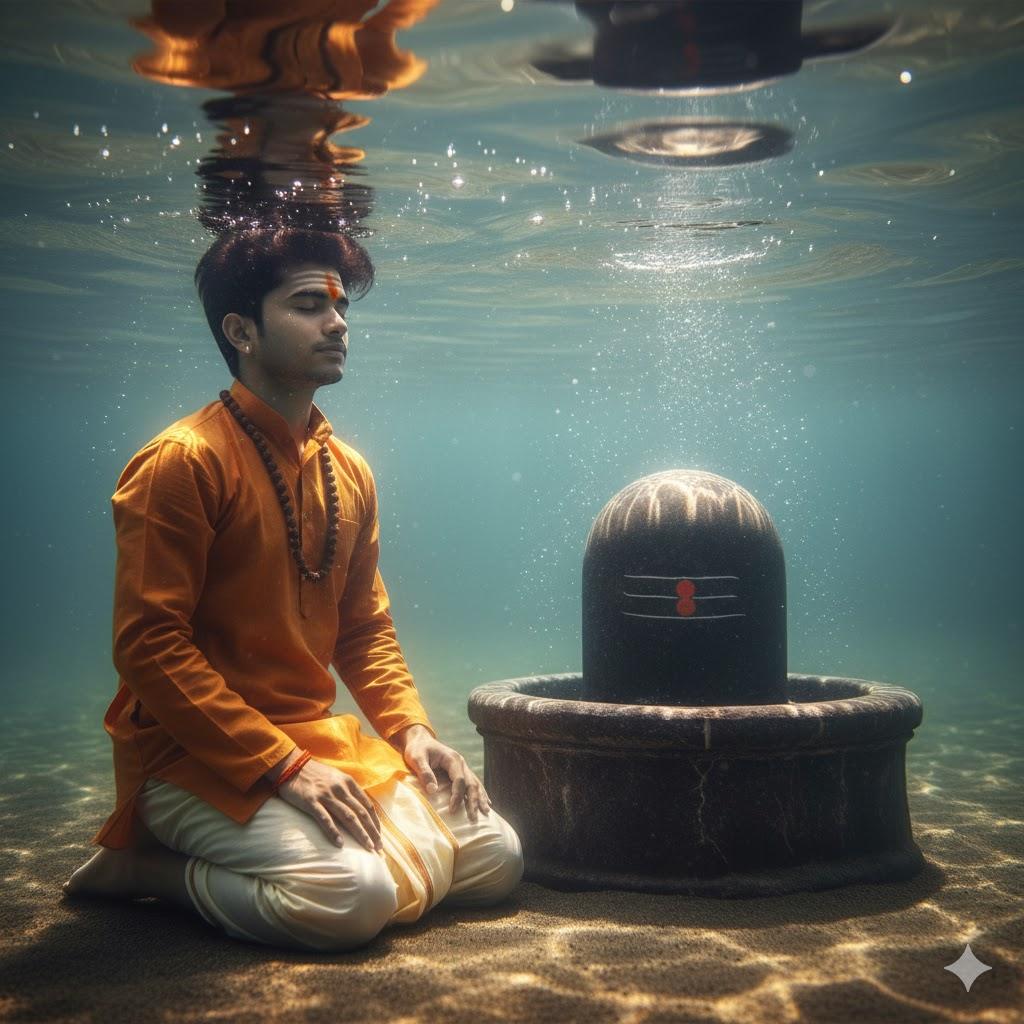 "Ultra-realistic 8K photograph of a young Indian man kneeling underwater in a serene river before a large front-facing Shivling. He wears a saffron kurta and cream dhoti with a rudraksha mala, short black hair, fair to medium skin tone, eyes closed in peaceful meditation. Sunlight filters through water, creating golden beams, realistic reflections, and soft shadows. Water flows naturally around him and the glowing Shivling."