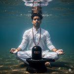 Ultra-realistic 8K photo of a young Indian man meditating underwater in a calm river in front of a large Shivling. He wears a white kurta and dhoti with a rudraksha mala, sitting cross-legged, eyes closed, in deep meditation with serene expression. Sunlight penetrates the water, highlighting ripples, reflections, and subtle details. Divine, mystical, and devotional atmosphere.