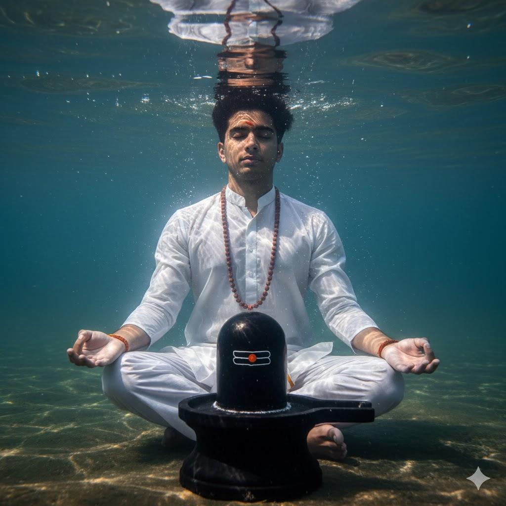 Ultra-realistic 8K photo of a young Indian man meditating underwater in a calm river in front of a large Shivling. He wears a white kurta and dhoti with a rudraksha mala, sitting cross-legged, eyes closed, in deep meditation with serene expression. Sunlight penetrates the water, highlighting ripples, reflections, and subtle details. Divine, mystical, and devotional atmosphere.