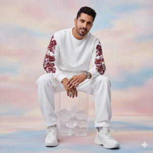 Ultra-realistic 8K portrait of a stylish young man sitting on a transparent ice cube box. He wears a modern white sweatshirt with deep-red floral prints on sleeves, white baggy trousers, white chunky sneakers, Rolex watch, and a finger ring. His face looks confidently at the camera with a subtle smile, head slightly tilted, surrounded by a dreamy, artistic background.