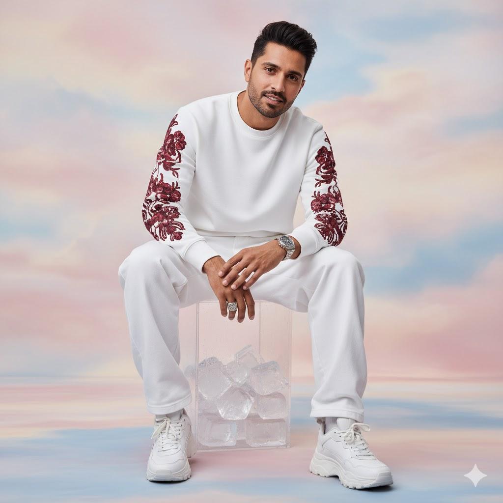 Ultra-realistic 8K portrait of a stylish young man sitting on a transparent ice cube box. He wears a modern white sweatshirt with deep-red floral prints on sleeves, white baggy trousers, white chunky sneakers, Rolex watch, and a finger ring. His face looks confidently at the camera with a subtle smile, head slightly tilted, surrounded by a dreamy, artistic background.