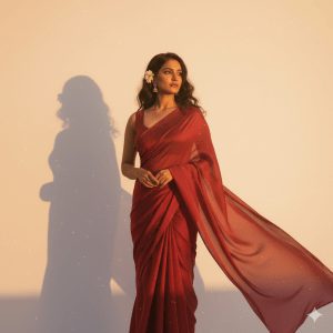 A woman wearing a flowing plain red saree with a matching sleeveless blouse, a white flower tucked in her dark wavy hair, standing against a plain white background. Golden hour sunlight casts a warm glow and dramatic shadow, highlighting her serene expression as she looks slightly off-camera.