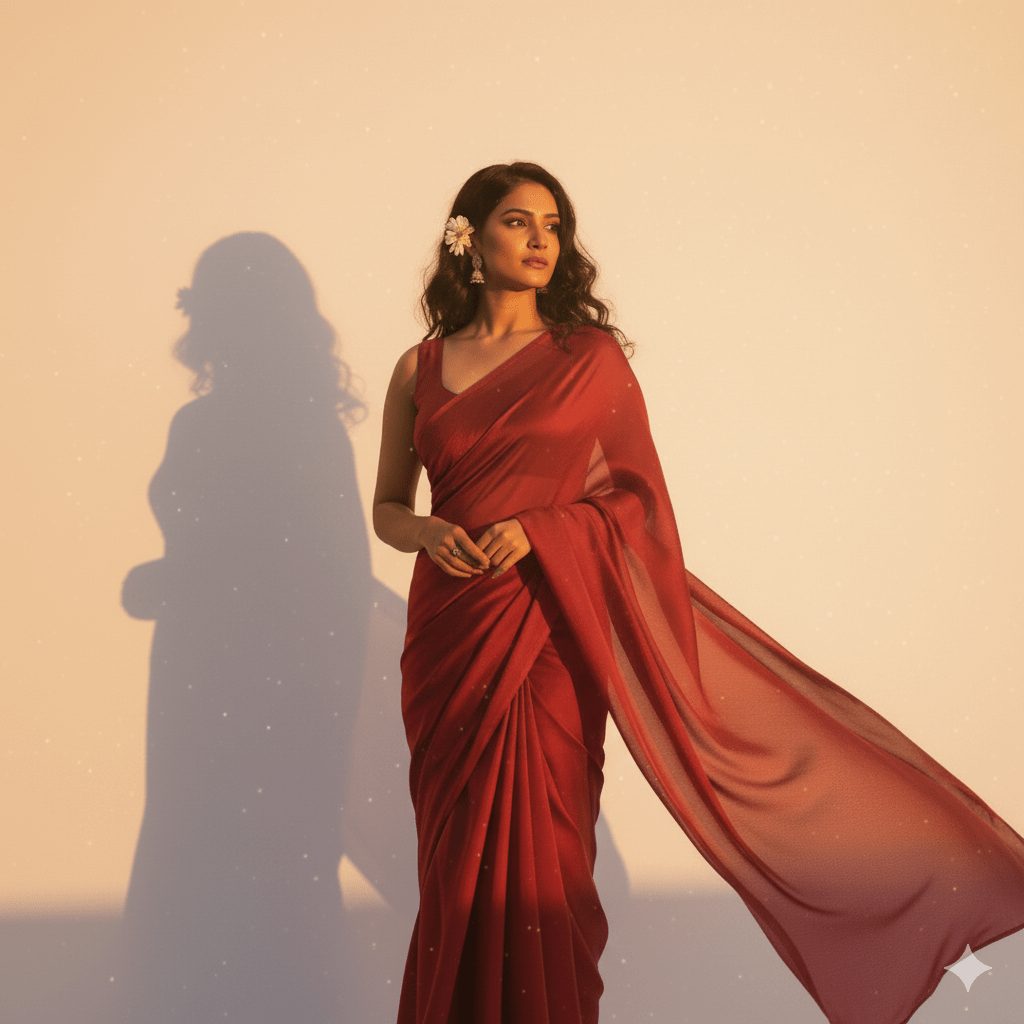 A woman wearing a flowing plain red saree with a matching sleeveless blouse, a white flower tucked in her dark wavy hair, standing against a plain white background. Golden hour sunlight casts a warm glow and dramatic shadow, highlighting her serene expression as she looks slightly off-camera.
