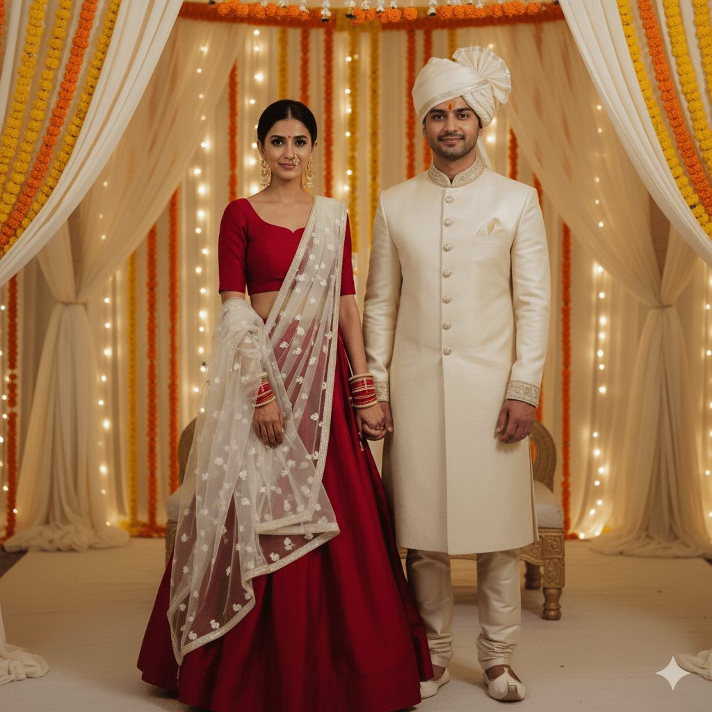 Elegant Indian bride and groom in a cinematic wedding portrait, standing close and smiling softly at the camera. The bride wears a deep-red choli and flowing lehenga with a sheer embroidered dupatta, adorned with minimal yet striking jewelry, including statement earrings, a delicate nose ring, and bangles. The groom is dressed in a cream sherwani with subtle embroidery and a modern off-white safa. The softly lit wedding mandap in the background is decorated with marigolds, fairy lights, and elegant drapery, exuding a dreamy, royal, and romantic vibe.