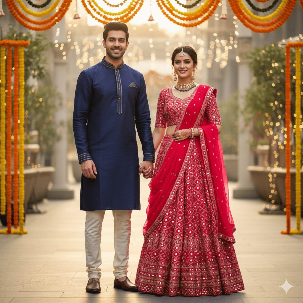 A stylish Indian couple posing in modern-traditional fusion outfits; the man wears a tailored kurta with slim-fit trousers, and the woman wears a vibrant lehenga-choli with mirror work. They are smiling, standing close together, illuminated by soft sunlight with a festive or urban background, showcasing romance, elegance, and contemporary Indian fashion.