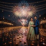 "Romantic Indian couple celebrating Diwali by a serene river at night, surrounded by hundreds of glowing diyas floating on water, vibrant fireworks in the sky, floating lanterns, and soft cinematic lighting, ultra-realistic 8K festive atmosphere."