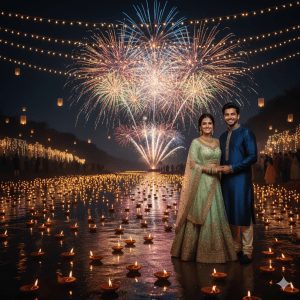 "Romantic Indian couple celebrating Diwali by a serene river at night, surrounded by hundreds of glowing diyas floating on water, vibrant fireworks in the sky, floating lanterns, and soft cinematic lighting, ultra-realistic 8K festive atmosphere."