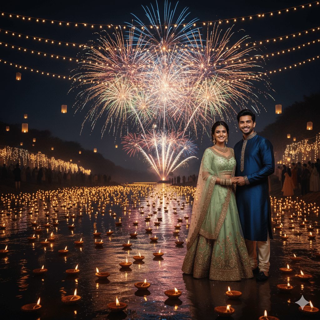 "Romantic Indian couple celebrating Diwali by a serene river at night, surrounded by hundreds of glowing diyas floating on water, vibrant fireworks in the sky, floating lanterns, and soft cinematic lighting, ultra-realistic 8K festive atmosphere."