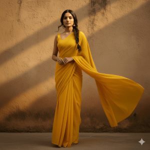 A graceful young woman wearing a flowing yellow saree with a loose side braid, standing against a textured wall under soft sunlight. The saree drapes elegantly with the pallu flowing gently in the breeze, creating a warm, serene, and aesthetically pleasing scene.