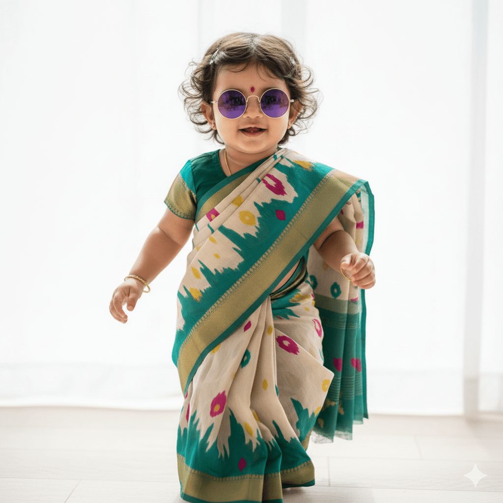 Cute Indian baby girl walking in a modern stylish saree, curly hair bouncing, wearing tiny trendy goggles, smiling playfully in soft natural light. Ultra-realistic 4K photography style with vibrant colors.