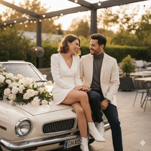 A stylish bride in a short ivory dress with pearl details and ankle boots sits with her groom, dressed in a cream blazer, turtleneck, slim trousers, and sneakers, on a vintage convertible car adorned with fresh flowers. The couple laughs and holds hands, capturing a playful, candid moment against a modern-chic backdrop.
