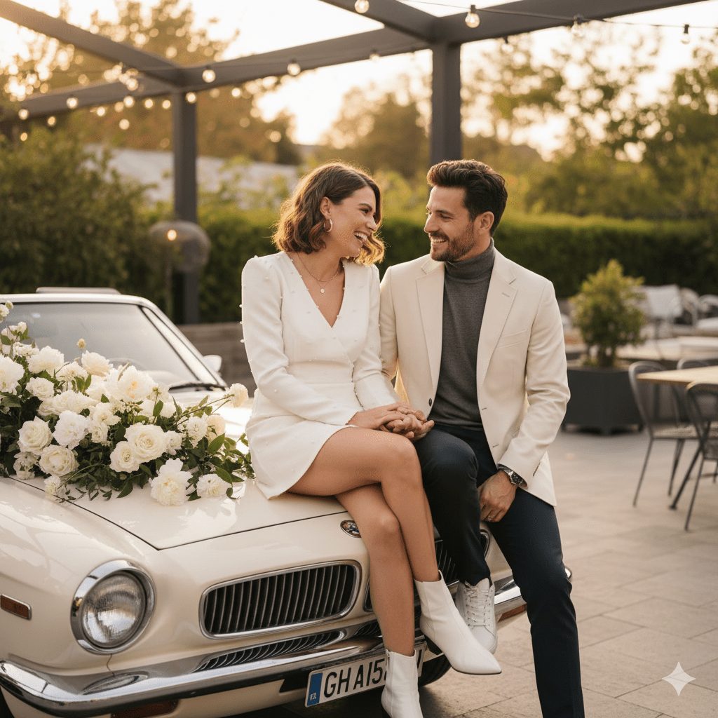 A stylish bride in a short ivory dress with pearl details and ankle boots sits with her groom, dressed in a cream blazer, turtleneck, slim trousers, and sneakers, on a vintage convertible car adorned with fresh flowers. The couple laughs and holds hands, capturing a playful, candid moment against a modern-chic backdrop.