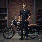 Ultra-realistic 8K cinematic portrait of a young Indian man in black shirt and jeans sitting confidently on a Royal Enfield motorcycle inside a dimly lit industrial warehouse with dramatic lighting and shadows.