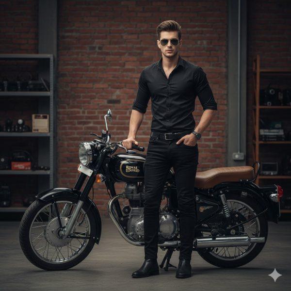 Ultra-realistic 8K cinematic portrait of a young Indian man in black shirt and jeans sitting confidently on a Royal Enfield motorcycle inside a dimly lit industrial warehouse with dramatic lighting and shadows.
