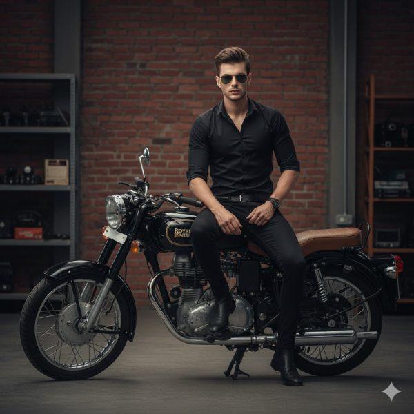 Ultra-realistic 8K cinematic portrait of a stylish young man standing beside a black Royal Enfield motorcycle in a moody industrial warehouse. Dressed in a fitted black shirt, jeans, and boots, with sunglasses and a confident pose. Soft lighting and blurred brick wall background create cinematic depth and realism.