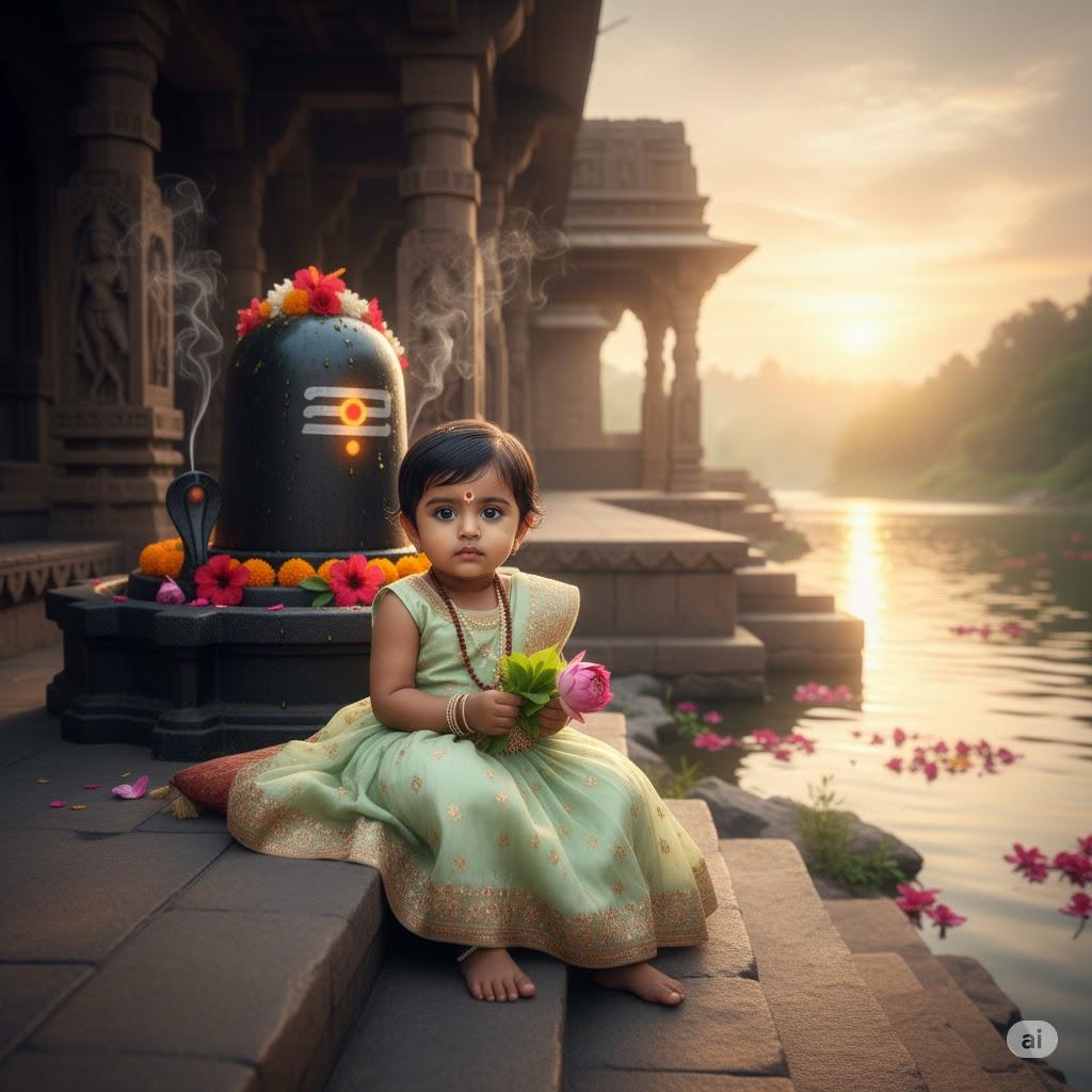 Ultra-realistic 8K photograph of a baby girl fully front-facing, representing Parvati, sitting on stone steps beside a Shiva Lingam at a riverside temple. She wears a pastel green lehenga-choli with golden embroidery, tulsi mala, silver anklets, holding flowers as offerings. Shiva Lingam adorned with water droplets and bilva leaves. Soft sunlight reflects on the river, with floating petals, incense smoke, and carved temple pillars in the background.