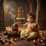 Ultra-realistic 8K photograph of a baby girl sitting fully front-facing beside a Shiva Lingam during evening aarti. She wears a pastel yellow saree-like lehenga-choli with golden embroidery, tulsi mala, silver anklets, and a tiny bindi, gently touching the Lingam while holding a lotus flower. Warm oil lamp glow, incense smoke, and carved stone pillars create a divine, peaceful atmosphere.