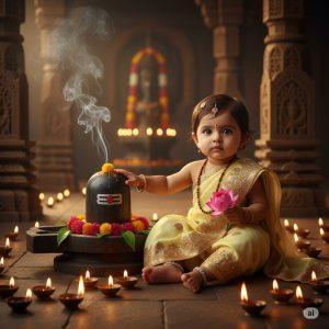 Ultra-realistic 8K photograph of a baby girl sitting fully front-facing beside a Shiva Lingam during evening aarti. She wears a pastel yellow saree-like lehenga-choli with golden embroidery, tulsi mala, silver anklets, and a tiny bindi, gently touching the Lingam while holding a lotus flower. Warm oil lamp glow, incense smoke, and carved stone pillars create a divine, peaceful atmosphere.