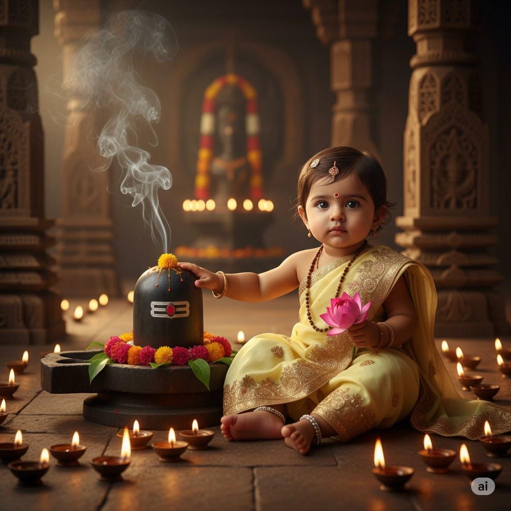 Ultra-realistic 8K photograph of a baby girl sitting fully front-facing beside a Shiva Lingam during evening aarti. She wears a pastel yellow saree-like lehenga-choli with golden embroidery, tulsi mala, silver anklets, and a tiny bindi, gently touching the Lingam while holding a lotus flower. Warm oil lamp glow, incense smoke, and carved stone pillars create a divine, peaceful atmosphere.