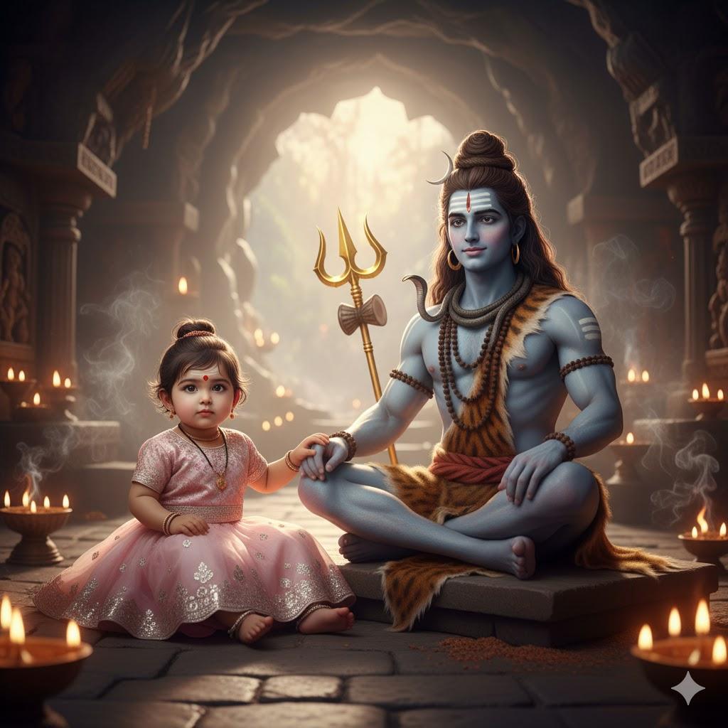 Ultra-realistic 8K photograph of a baby girl in a pastel pink lehenga-choli sitting beside Lord Mahadev inside a Himalayan cave temple. Both fully front-facing, with Lord Shiva in blue-toned skin, crescent moon, ash, and Rudraksha mala. Candlelight and sunlight create a mystical glow over stone carvings and drifting smoke.