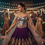 A young woman in a glamorous Indo-western Navratri outfit, wearing a metallic mirror-work corset blouse and a high-waist layered lehenga in deep royal purple and shimmering gold. A sheer dupatta with sequin embroidery is styled as a cape. She accessorizes with oxidized silver earrings, a crystal waist belt, and elegant bangles. Her sleek ponytail is wrapped with golden threads, glowing under colorful Garba night lights. The vibrant Navratri celebration background features fairy lights, traditional rangoli, and dancers with neon dandiya sticks. Ultra-realistic 8K cinematic shot in a fashion editorial style.
