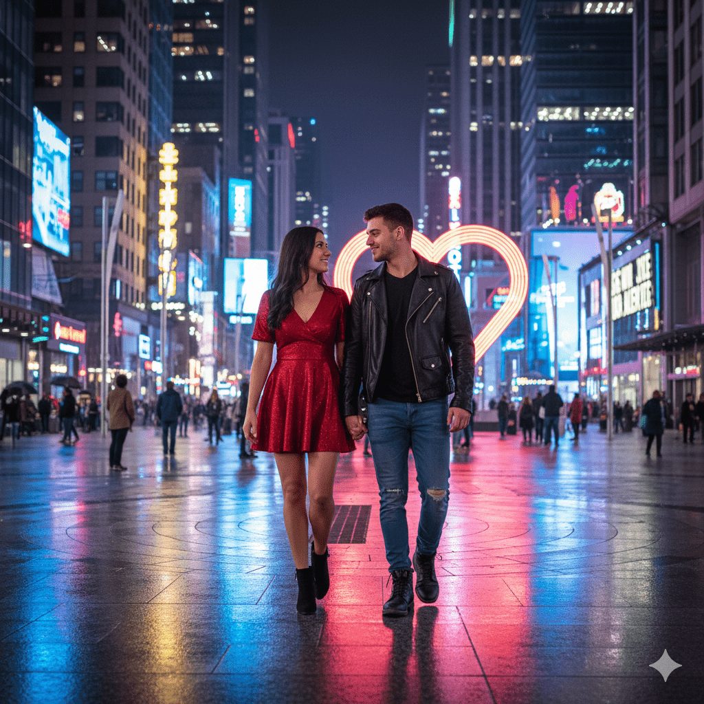 A young couple holding hands in a vibrant modern city square at night, illuminated by colorful neon lights. She wears a striking red mini dress, and he dons a stylish black leather jacket with jeans, creating a cinematic and romantic atmosphere.