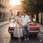 A young couple sitting on a vintage car in a quiet street, bathed in warm sunset lighting. She wears a charming floral summer dress, and he sports a casual white shirt with denim pants, creating an intimate and stylish atmosphere.